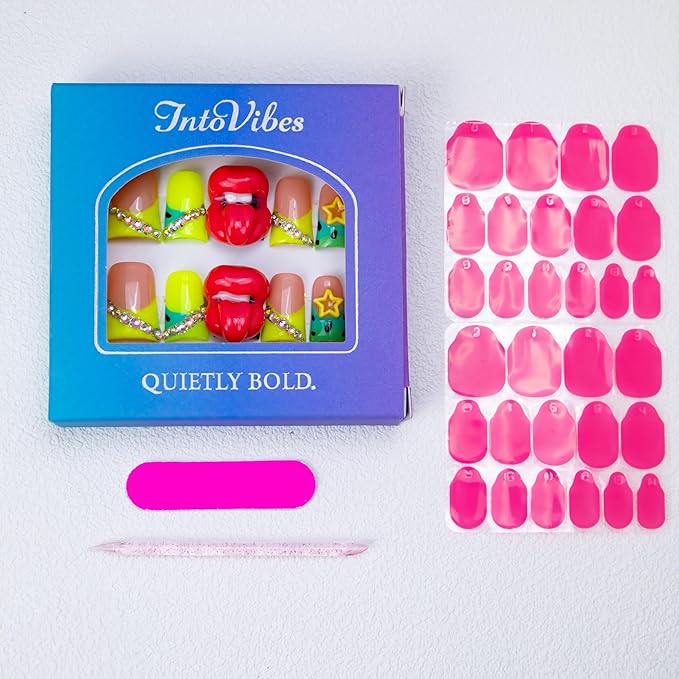 10 Pieces Luxury Acrylic Press On Nails Short Handmade Duck Nails, Thickened False French Nails, Rhinestones, Yellow Star And 3D Red Lips, Reusable Fake Nails, Acrylic Nails (S)