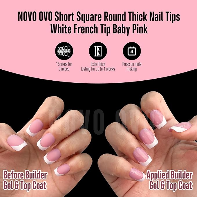 NOVO OVO Short Square Round White French Tip Nail Tips Press on BERRY PINK, Extra Thick Full Cover False Fake Nails, Need Builder Gel Top Coat & Glue, for Salon DIY Acrylic Extension x15 Sizes 240 pcs