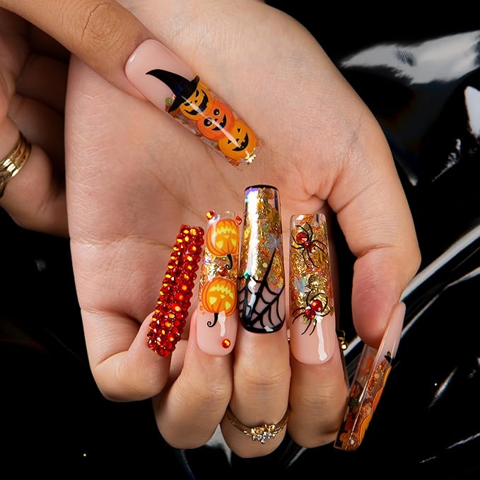 Lovful Halloween Press On Nails Pumpkin Party | Mid Length Handmade Acrylic Press ons | Reusable Fake False Nails | Square Mid length 1.7in | H661-S