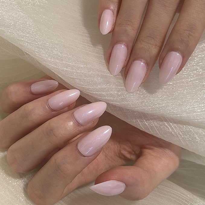 Baby Pink Press On Nails - Petite Oval Short Style with Sheer Sparkle Finish, Soft Glitter Fake Nails for Everyday & Bridal Wear (Cotton Candy Shimmer & Rose Quartz Glow)