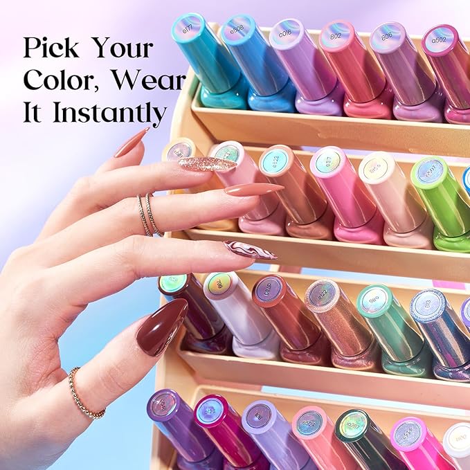 beetles Gel Polish Shifting Lights - Gel Nail Polish Set Brown Burgundy Red Black White Green Purple Glitter 36 Colors with Base Coat Glossy Matte Glitter Top Coat UV LED Soak Off Gift for Women