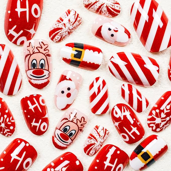 Christmas Press on Nails Medium Oval MABKJLF Fake Nails False Nails with Reindeer Snowflake Santa Stripes Designs Red Glossy Glue on Nail Winter Full Cover Acrylic Nails for Women Girls 24Pcs