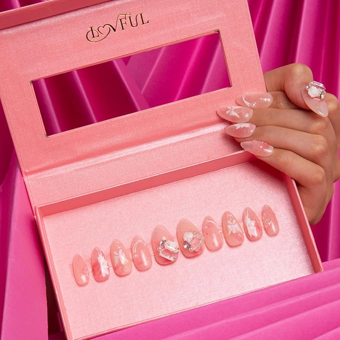 LOVFUL Press on Nails Love is in the air | Handmade with Full Covered Crystals | Reusable Fake Nails | Almond Regular 1.0 in | H296-L