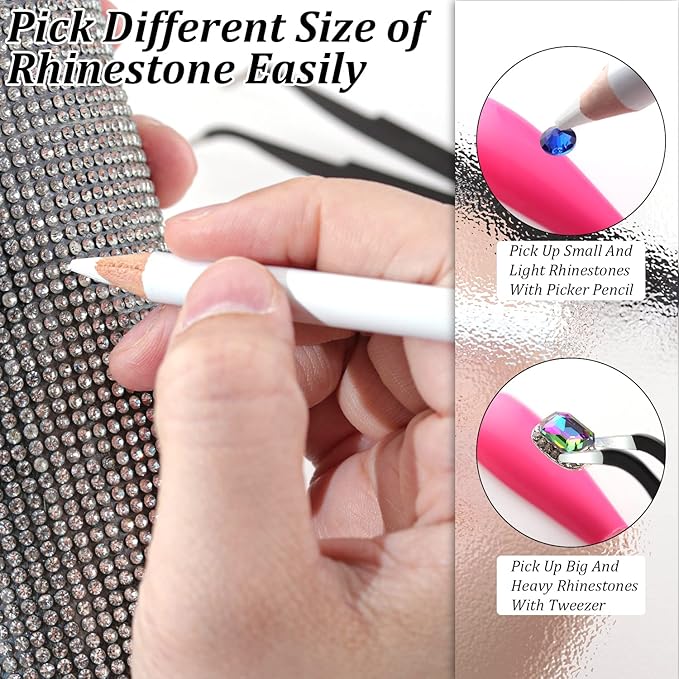 Rhinestone Picker Pencil for Nail Art, Gem Crystal Pick up Tool for Rhinestones and Diamond Painting, 20Pcs 3.35-inch Pickup Pen Kit with Nail Dotting Tools, Sharpeners, Tweezers