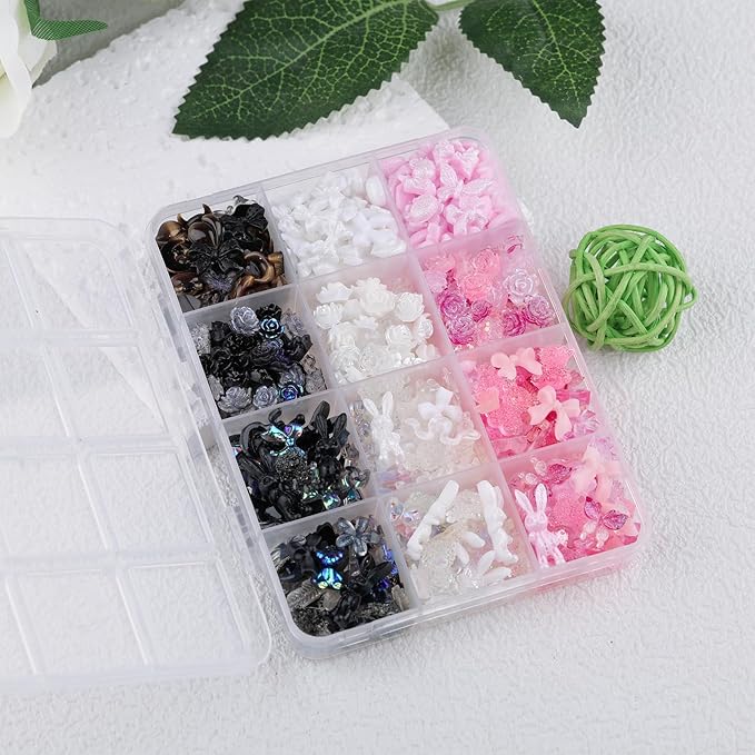 2050 Pieces 3D Butterfly Rose Flower Bow Rabbit Bear Nail Charms Kit with Nail Art Rhinestones Pearls Crystal Gems Nail Slices for Manicure DIY Crafts Jewelry Accessories (Pink Black White)