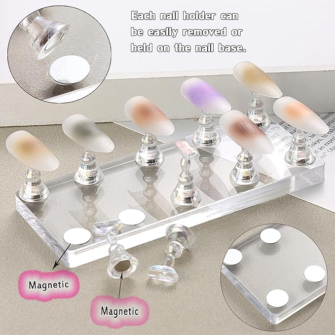 Stand for Press Ons Display Practice Art Magnetic Fake Nails Holder With 96pcs Stiletto Square Full Cover Tips, Reusable Putty for Home DIY Beginner Salon Kit Supplies