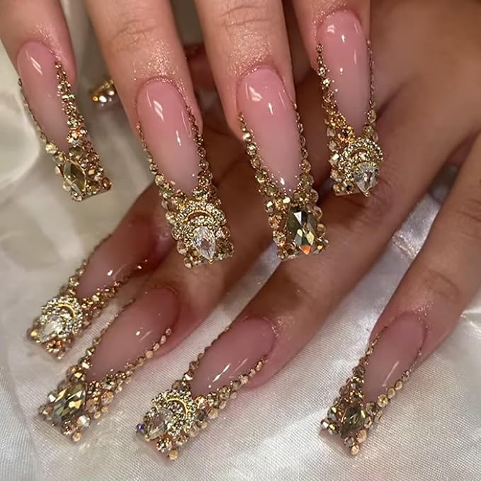 Square Press on Nails Long Fake Nails Gold Artificial Nail SEENEEY Rhinestones Sparkly Stick on Nail for Women 24pcs