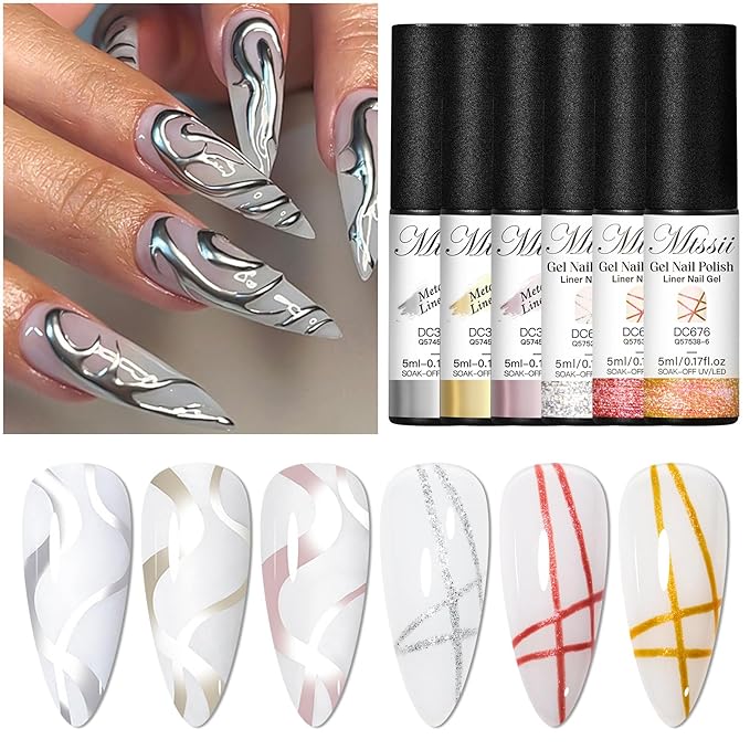MTSSII Liner Metallic Gel Nail Polish, Mirror Metallic Silvery Golden Platinum Glitter Painting Liner Gel Polish for Cyber Punk French Acrylic Nail Painted Drawing Nail Design