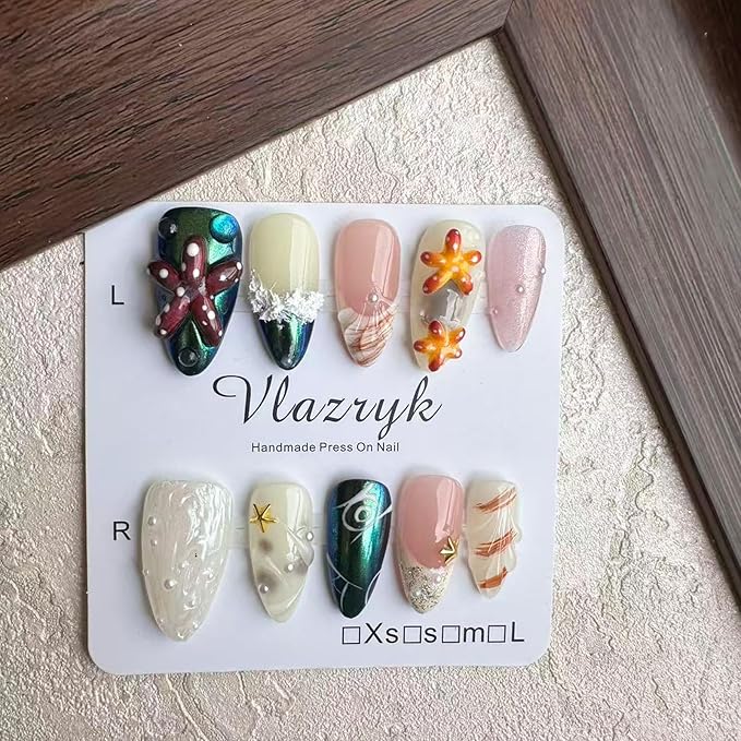 Handmade Press On Nails – 3D Almond Press On Nails Mermaid Chrome Nails with Pearl Shell, Starfish & Sea Life Designs | Reusable Fake Nails Kit (Seabed World, 10Pcs)