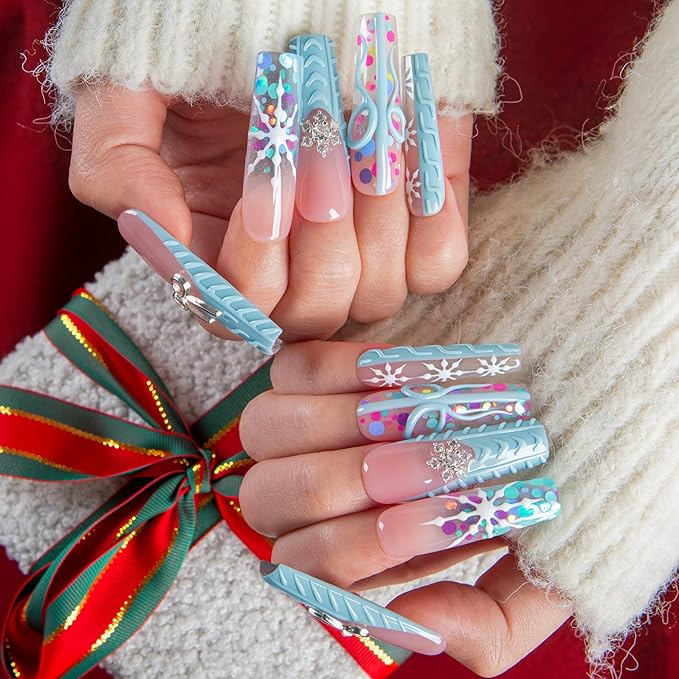 LOVFUL Press on Nails Winter Cozy| Handmade Acrylic Press ons| Reusable Fake False Nails| Square Mid length 1.7in| H677-L