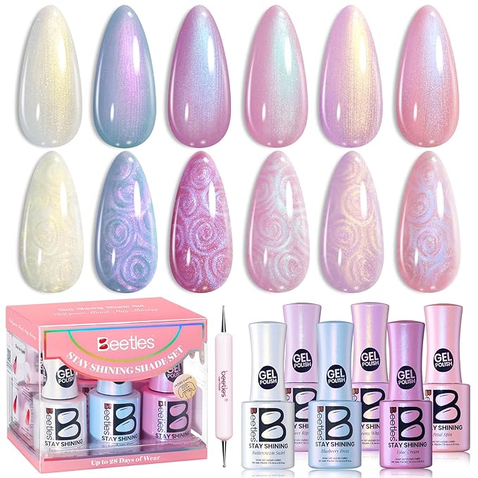 Beetles Gel Nail Polish - Stay Shining Pearly Swirl Shade Set, 6 Colors Mermaid Nail Swirl Shell Thread Effect Polish Soak Off Uv Gel Polish DIY Salon-Quality at Home Gift for Women