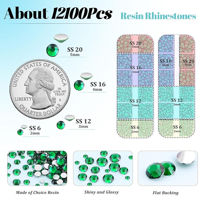 12100Pcs Resin Rhinestones for Crafting with 3Pcs 10ml B7000 Jewelry Glue, 2 Boxes Flatback Crystals Diomand (Emerald Green) for Bedazzling Crafts DIY Nail Art，Non Hotfix Gems for Clothing Shoes