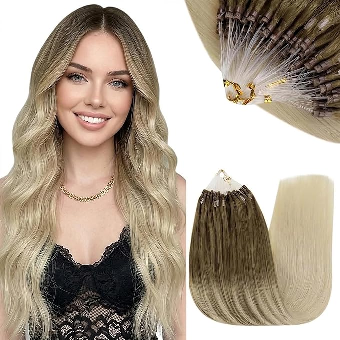 RUNATURE Microlink Hair Extensions Human Hair, Balayage Micro Bead Hair Extensions Real Human Hair for Women, Cold Fusion Pre Bonded Remy Hair, Natural Looking, Add Hair Volume, 16 Inch 50g 50s