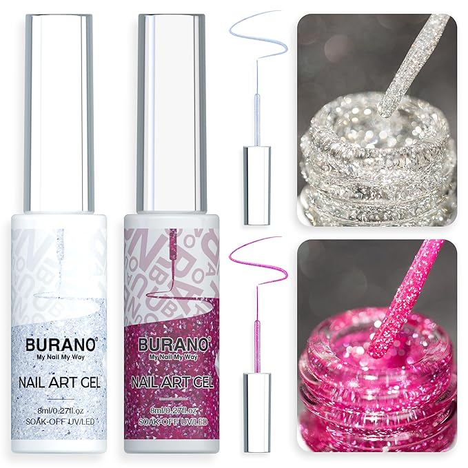 BURANO Gel Nail Polish Liner Nail Art Polish, Silver Gold Painted Gel Nail Design Polish 2 Bottle 8ml, Build in Thin Nail Brush Curing Required LX13 LX30