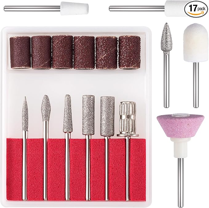 ANCIRS 11 Pcs Nail Drill Bits Sets + 6 Pcs 3/32" File Sanding Bands, Nail File Replacement Head Refills Set, Nail Drill Bits for Finishing Salon Electronic Manicure, Nail Manicure Pedicure Tools