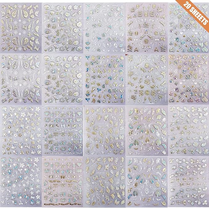 Zoance 20 Sheet 5D Embossed Nail Art Stickers,Luxury Gold Silver Nail Decals Self-Adhesive Metallic Leaves Flower Butterfly French Nail Stripe Line Stickers for Women Salon Home DIY Nail Supplies