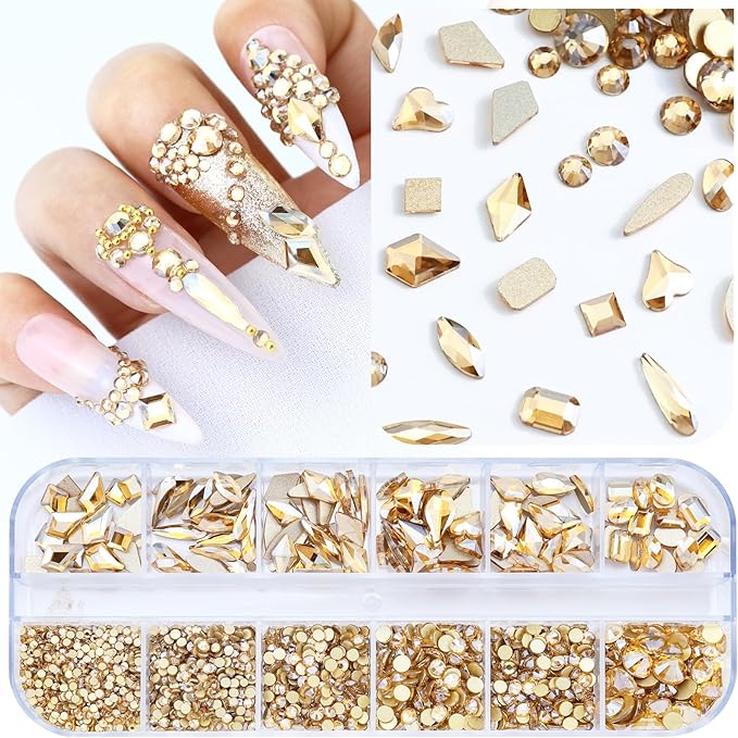 Dowarm 3200PCS Champagne Gold Nail Art Rhinestones, Round Flatback Rhinestones for Nails, Crafts, Golden Shadow Multi Shape 3D Glass Crystal Nail Gemstone Diamond
