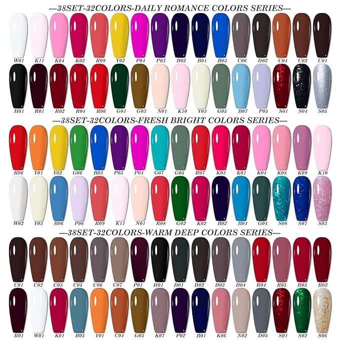 38 PCS Gel Nail Set, 32 Colors Dark Red Brown Grey Earthy Shades Gel Polish Set, with Gold Silver Glitter and Glossy Matte Top Coat, Base Coat Builder gel, for Women Gift Kit