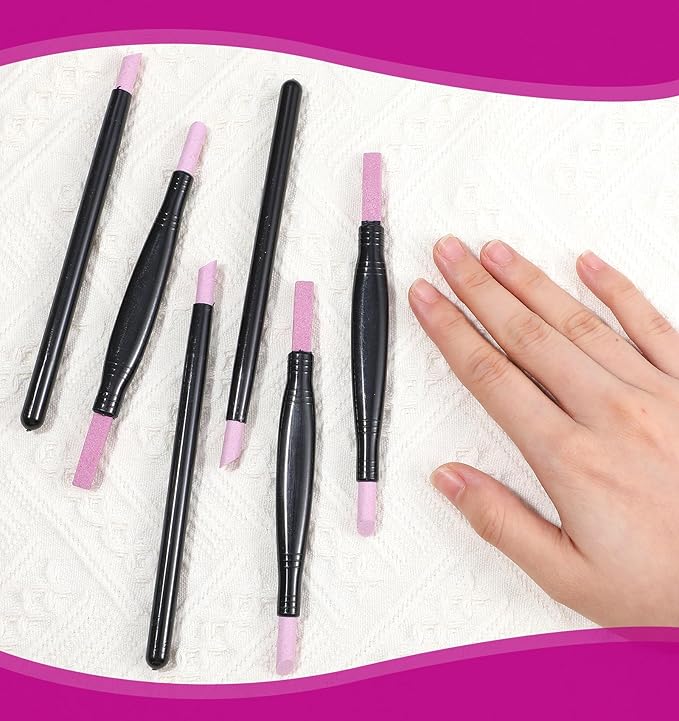 Round Nail File, 6pcs Cuticle File Double-Headed Dead Skin Removal Pen for Acrylic Nails, Reusable Manicure Pedicure Tool with Nail Polish Buffer Skin Repair Tips
