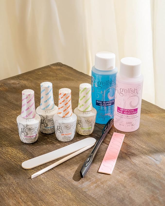 Gelish MINI Complete Basix Kit - Gel Nail Polish Prep Essentials Starter Kit with Foundation, pH Bond, Top It Off, Nourish, Nail Remover & Cleanser - Long-Lasting Salon-Quality Manicure at Home.