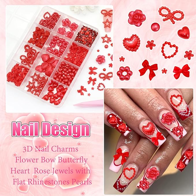 BELICEY Valentines Red Heart Nail Charms Cute Resin Bows Flowers Star Nail Art Charms Flatback Nails Rhinestone and Gem Nail Pearls for DIY Manicure Jewelry for Women Accessories Supplies