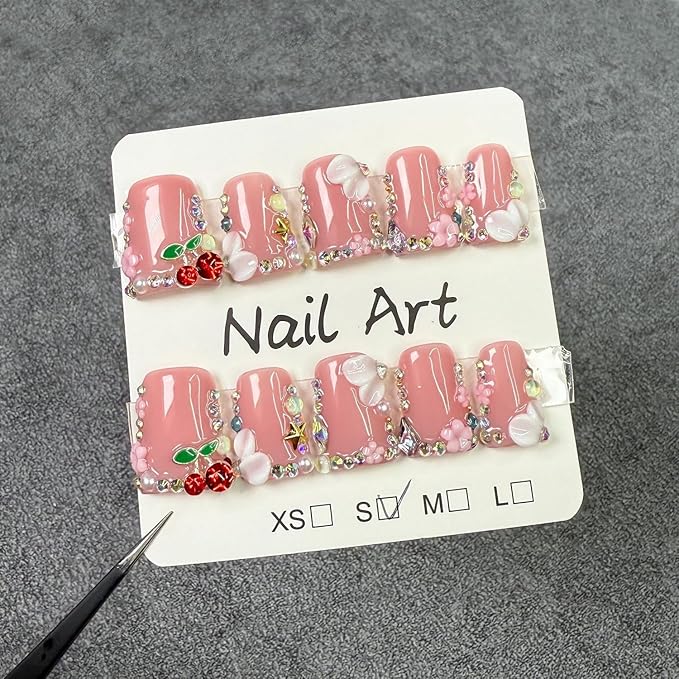 Duck Press on Nails Duck Handmade Press on Nails 3D Luxury Rhinestone Cherry and Pearl Acrylic Fake Nails Designs Flower Stick on Nails Full Cover Thickened False Nails for Women Nail Art DIY（S)