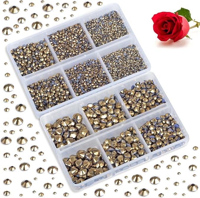 Bymitel Hotfix Crystal Rhinestones Round Gems for Crafts,Mixed 6 Sizes with Wax Pencil Kit, Aurum 1.6-6.3mm SS4-SS30/8000pcs