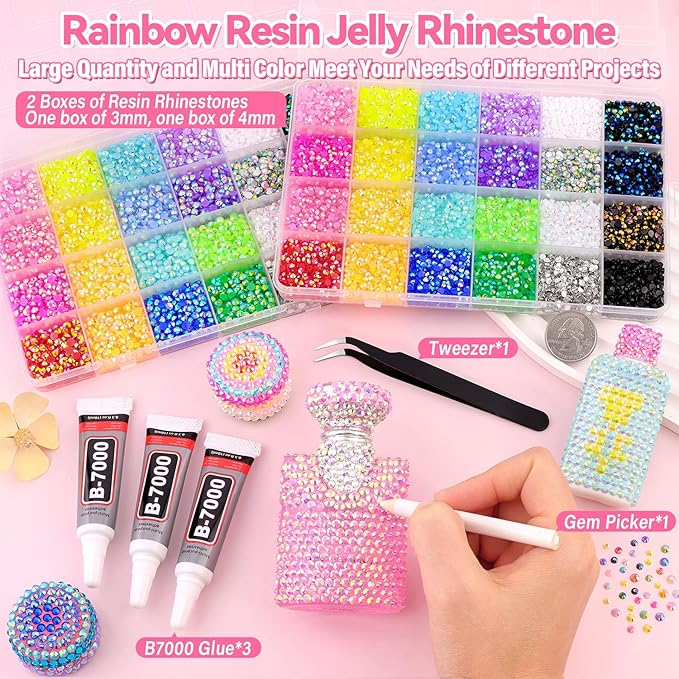 30000Pcs Resin Rhinestones for Bedazzling Kit, 2 Boxes Multicolor 3mm&4mm Bedazzled Crystal, Flatback Gems with 3Pcs 10ml B7000 Jewelry Glue for DIY Crafts Clothing Nail Art Makeup