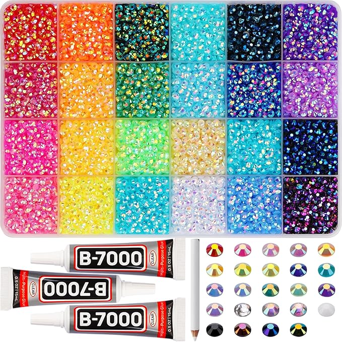 17000Pcs Resin Rhinestones for Bedazzling Crafting, 4mm Jelly Multicolor Bedazzled Rainbow Flatback Gems Set, Colorful Bedazzler Jewel Gemstone for Clothes Crafts Clothing Nail Art with B7000 Glue