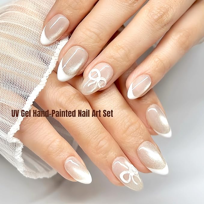 Press On Nails Short Almond Pearlescent Shimmer Cat Eye with French Tip White 3D Bow|Reusable Soft Gel Nails in 12 Sizes-24 Nail Kit with Glue|Designed in L.A, Handmade in Vietnam|Pearl Belle