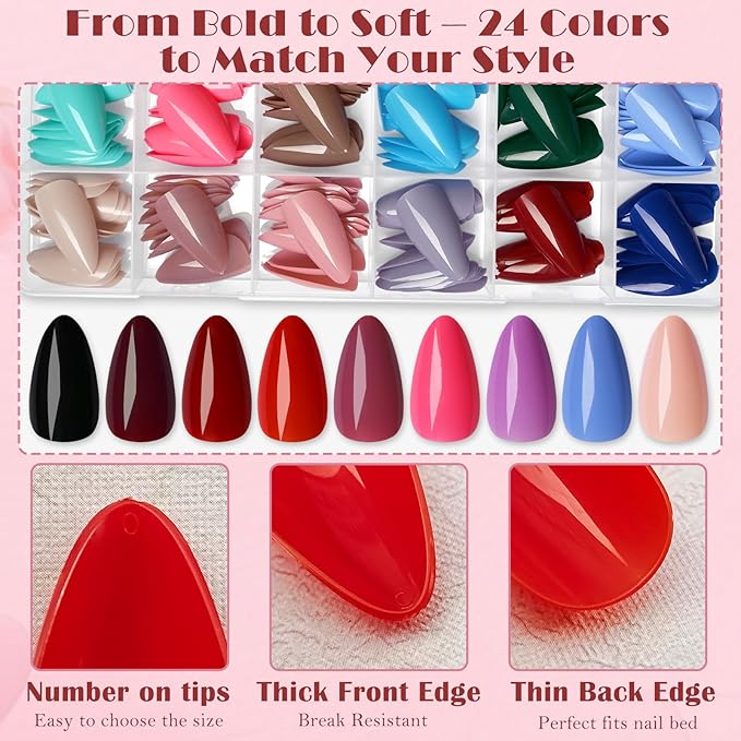 AddFavor 576pcs Almond Press on Nails Medium Fake Nails Full Cover Glossy Medium Long Length Nails Press on Acrylic False Nail Tips 24 Colors for Women