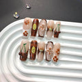Luxury Handmade Press on Nails Glossy Amber False Nails French Tip Fake Nails with Glue 3D Flower and Charms Designs Acrylic Nails Press Ons Glossy Sparkly Full Cover Stick on Nail for Women (Size M)