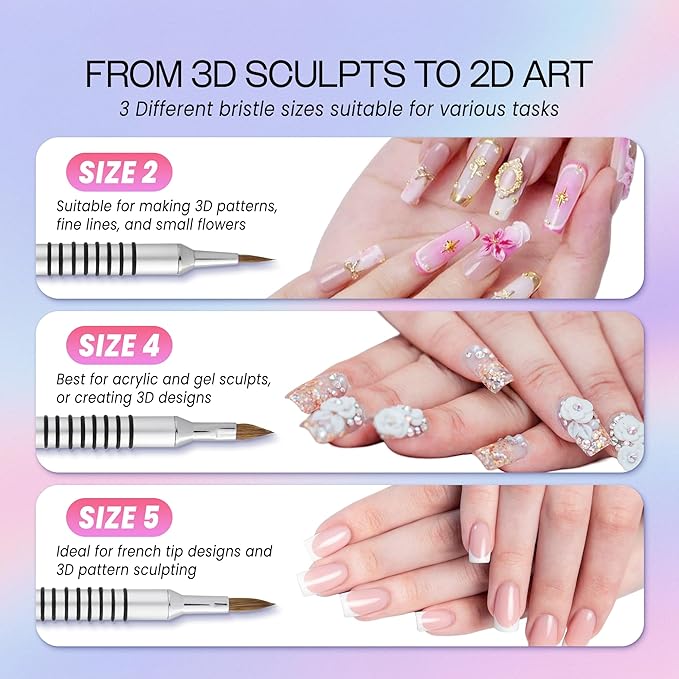 PANA 3D Kolinsky Nail Art Brush - Silver Non-Slip Handle, Size 4 - Acrylic Nail Art Sculpture Brush for Manicures Pedicure Salon Professional or Beginner