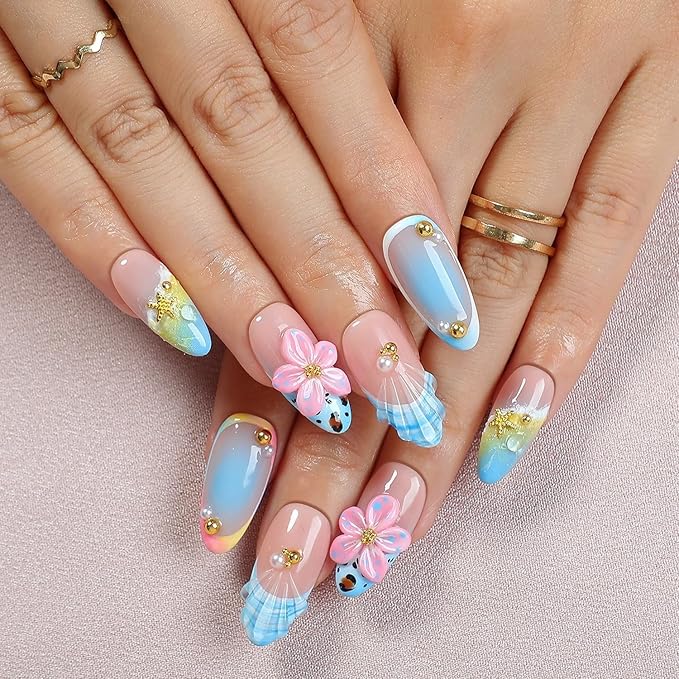 Handmade Press on Nails Summer Beach 3D Seashell Starfish False Nails Designs Full Cover French Thickened Acrylic Nails Flower Fake Nails Medium Almond Gradient Stick on Nail for Women (Size M)