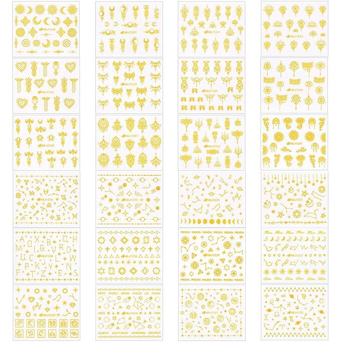 KISSBUTY 24 Pcs Universe Nail Art Sticker - Gold Flowers, Stars, Moon Constellation Decals