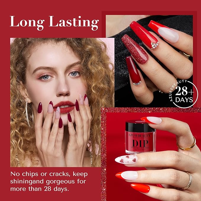 AZUREBEAUTY Dip Powder Nail Kit,4 Colors Red Burgundy Berry Dipping Powder System Liquid Set Recycling Tray with Base & Top Coat Activator for French Nail Art Manicure Salon DIY