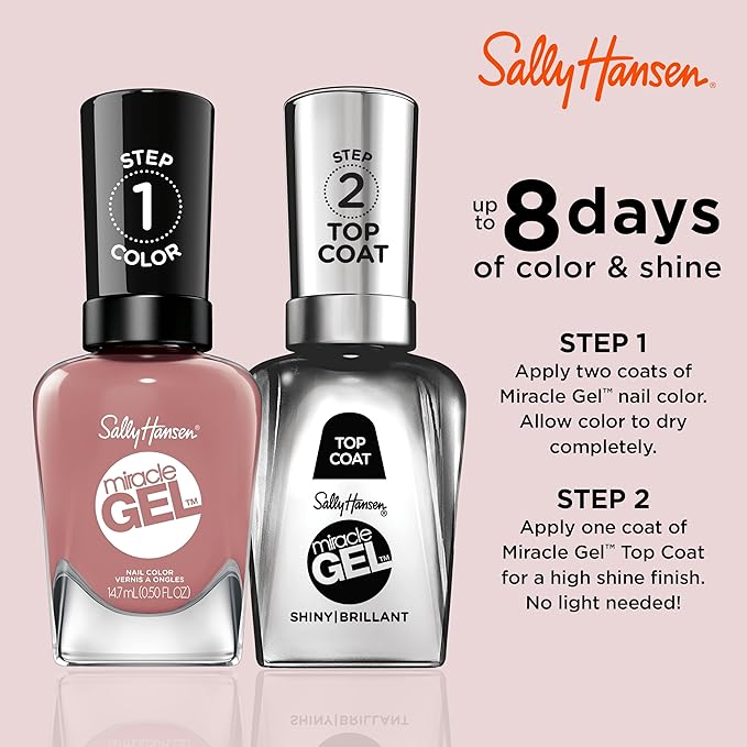 Sally Hansen Miracle Gel Salon Quality Nail Polish | Gel-Like Formula, Two-Step System, No UV Light Needed, Long Lasting | Opaque, Glossy | 252 Rose & Shine | Muave Rose Nail Color