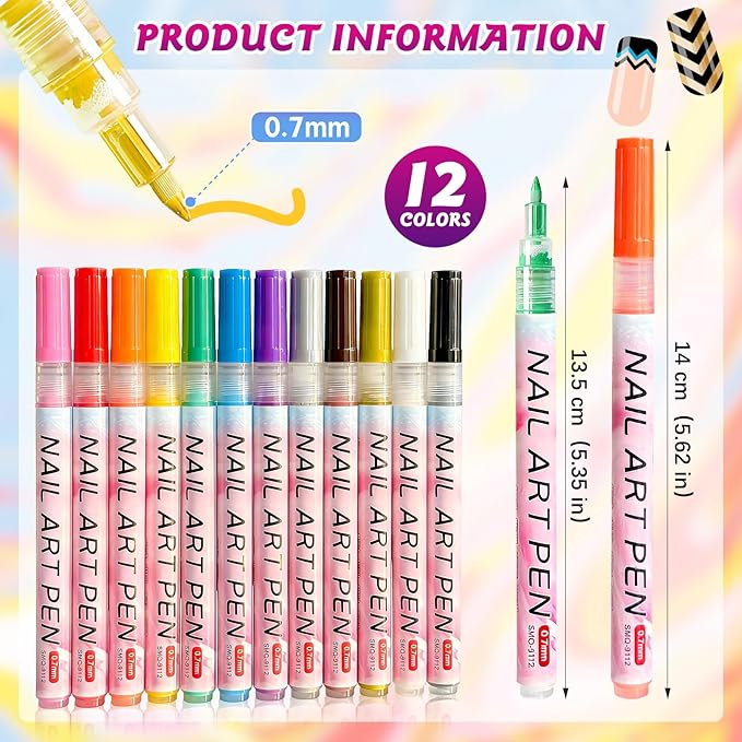 Nail Art Pens, 12 Color 0.7 MM Nail Polish Pens Set Drawing Point Painting Liner Painted Pen Kit, Quick Dry Waterproof Nail for DIY Nails Art Design Manicure Tools