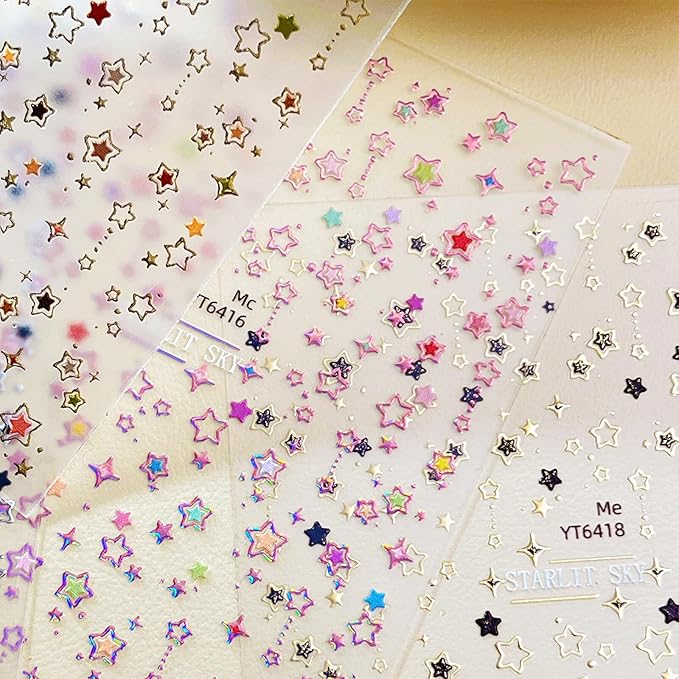 Star Nail Stickers for Nail Art 3D Glitter Cute Colorful Star Luxury Rhinestones Nail Design Stickers Starlight Nail Decals Nails Supply Manicure Sliders for Nails Decoration 4 Sheets