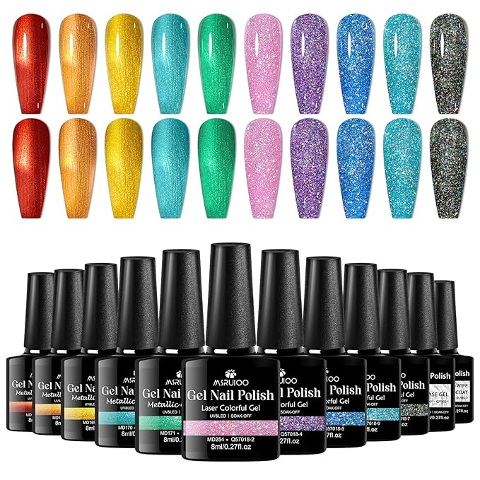 12Pcs Metallic Gel Nail Polish + Reflective Glitter Gel Polish Red Orange Pink Blue Green Neon Nail Polish Gel for Home Salon DIY Manicure Gift
