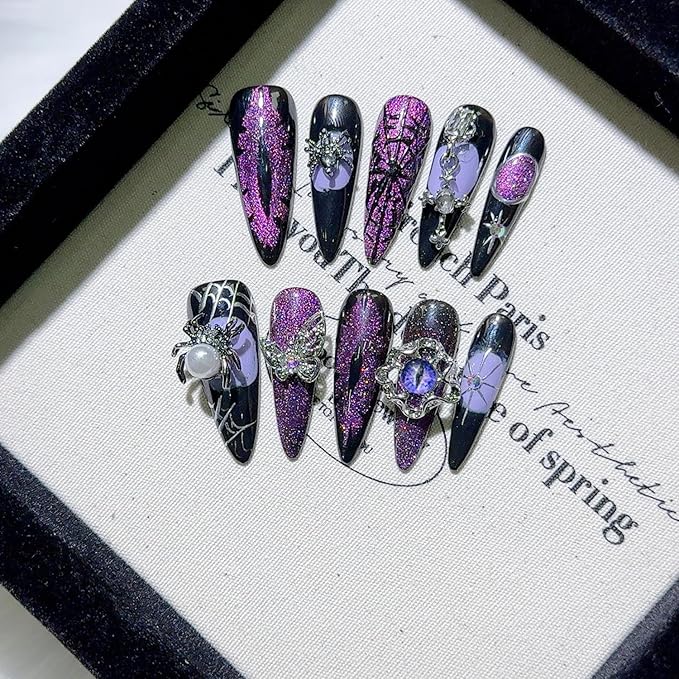 Handmade Press on Nails Purple Glitter False Nail Halloween Press on Nails 3D Luxury Spider & Eyeball Designs Thick Long Almond Fake Nail Full Cover Halloween Spider Web Stick on Nail for Women (S)