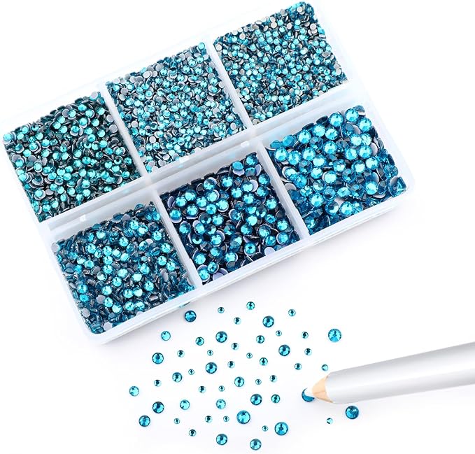 8000pcs Hotfix Rhinestones Flatback,Rhinestones for Crafts Clothes Mixed 6 Sizes, Hotfix Crystals with Wax Pencil Kit, SS3-SS12,Blue Zircon
