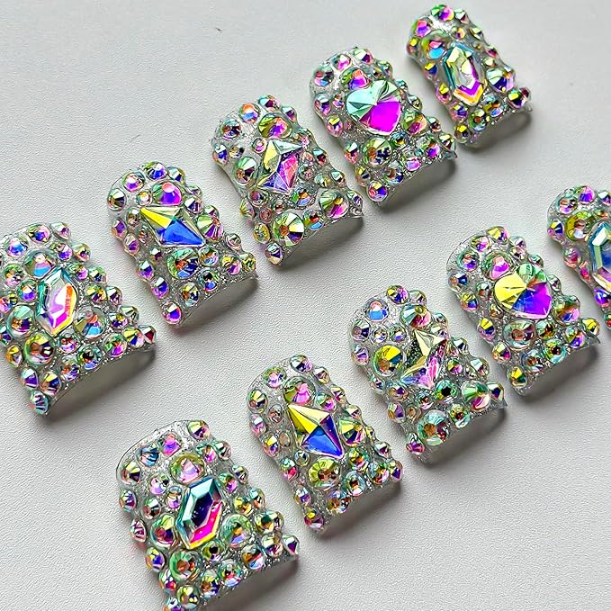 Luxury Press on Nails Short Duck Handmade 3D Unique Reusable ABS Material Fake Nails False Nails with Designs Full Rhinestones Sparkly Glossy Glue on Nail Thick Acrylic Nail(M)