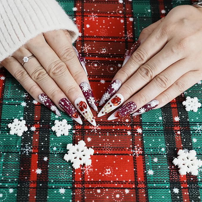Valentine Press on Nails Long Stiletto Red Heart Design- 3D Gems & White Stripe Snowflake Handmade Design, Sparkling False Nails Stick on Nails for Women(Romantic Snow Falls,M)