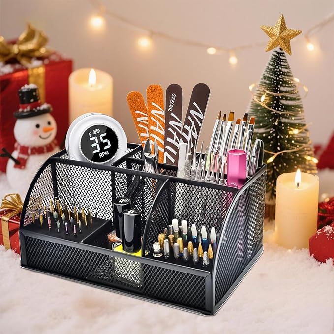 CGBE Nail Drill Bits Holder: 60 Holes Professional Drill Bit Holder for Nails - Mesh Metal Nail Tools Organizer Display Case - Nail Desk Organizer for Nail Tech - Black (Not Included Nail Drill)