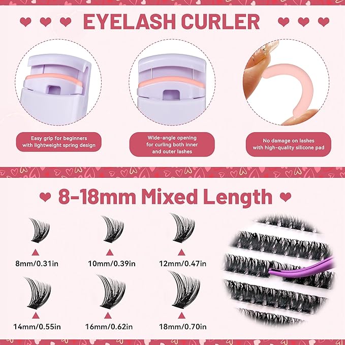 Valentine's Day Eyelash Gift Set 1896Pcs DIY Lash Extension Kit With 8 trays of mixed-style lashes Bond&Seal Remover Tweezer Lash Curler Individual Lash Set for Easy At-Home Use(8-18mm D-Curl)