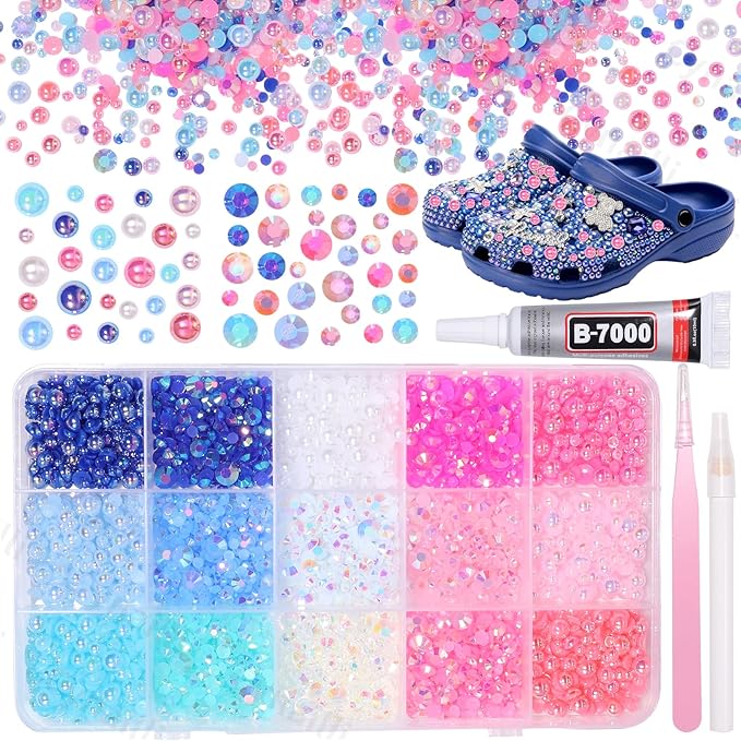 15 Grids Pearls and Resin Rhinestones for Crafting, Pink Blue White Bedazzling Gems Kit, Jelly Resin Rhinestones for Nails Face Eyes Makeup Crafts DIY Tumblers Bottles