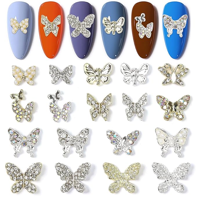 WOKOTO 36 Pcs 3D Butterfly Nail Charms, Gold & Silver Nail Butterfly Charms For Nail Art Jewels, Nail Rhinestones And 3D Butterfly Charms For Nails Butterfly Gems 3D Butterflies For Nails Decorations