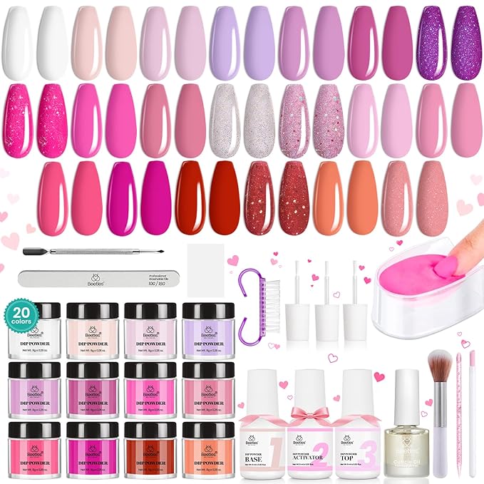 Beetles Dip Powder Nail Kit 36pcs 20 Colors Nude Hot Pink Red Glitter White Dip Nails Powder Starter Kit with Base Top Coat Activator Cuticle Oil Nail Set for Women Alluring Sweetie Collection