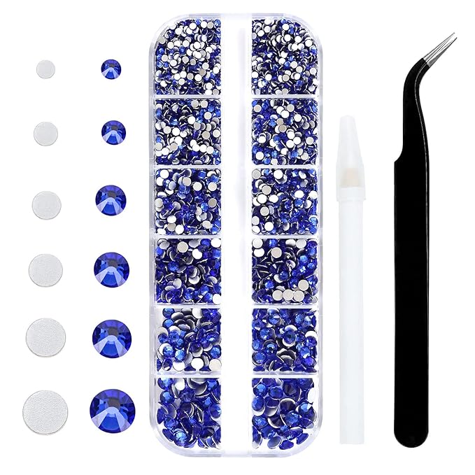 4240Pcs Flatback Royal Blue Rhinestones Glass Crystal Gems for Nail Art Face Jewels Glitter Round with Tweezers and Picking Pen (SS6~SS20 Set)